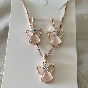 Rose Gold Angel Pendant Necklace & Earrings Set – Pink & Crystal Accents